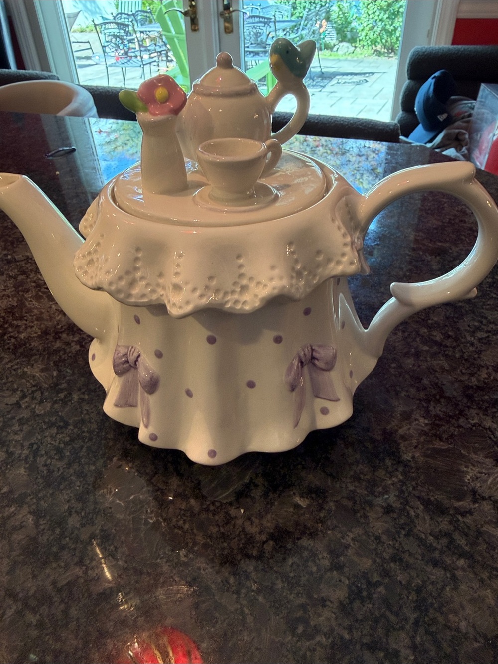 White Ceramic Teapot with Lavender Accents - Elegant Floral Design
